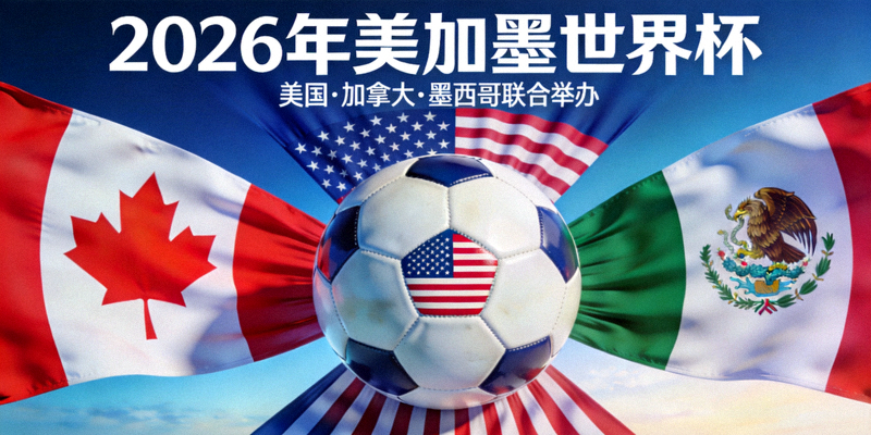 2026年美国、加拿大、墨西哥联合举办世界杯概念图，三国国旗与足球
