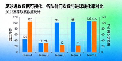 足球进攻数据可视化图表，显示各队射门次数与进球转化率